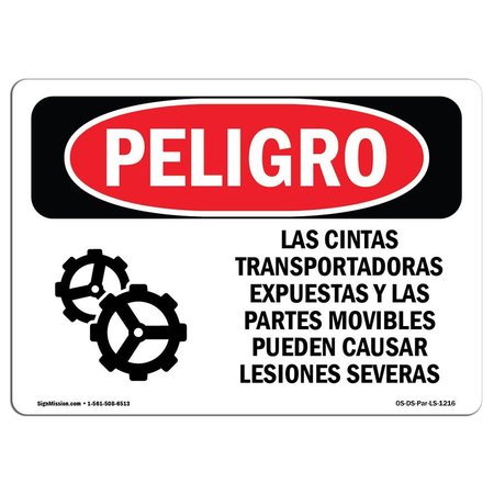 SIGNMISSION OSHA Danger, Exposed Conveyors And Moving Parts Spanish, 18in X 12in Aluminum, OS-DS-A-1218-LS-1216 OS-DS-A-1218-LS-1216